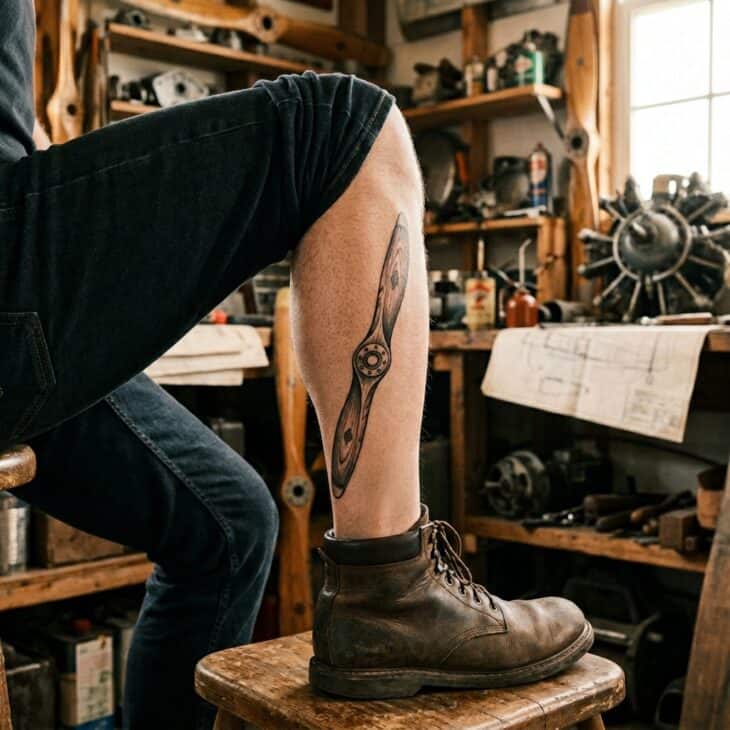 Black and grey vintage two-blade propeller tattoo on an adult calf with subtle woodgrain shading