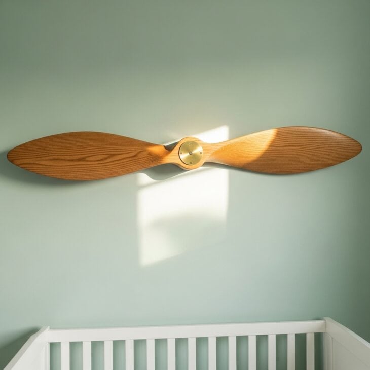 Polished wooden propeller mounted on a sage-green nursery wall above a crib