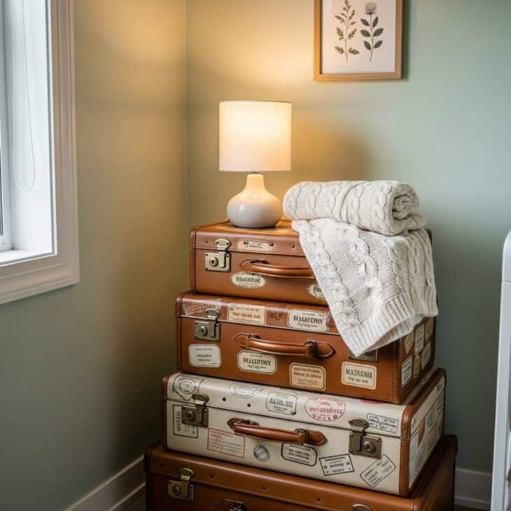 Stack of vintage-style suitcases used as nursery storage and side table