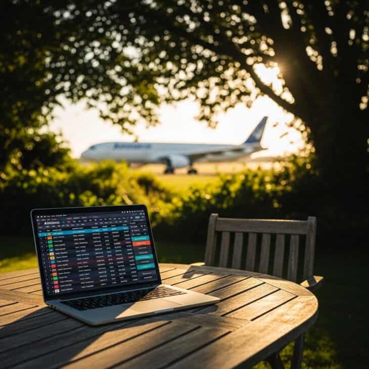 Laptop showing airline arrivals board outdoors with a commercial aircraft visible in the background through garden foliage