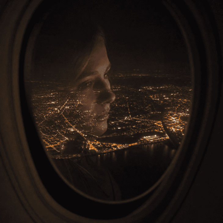 A traveler's face reflected softly in a dark aircraft window at night, the reflection overlaid on a glowing city grid below, face lit by ambient cabin glow
