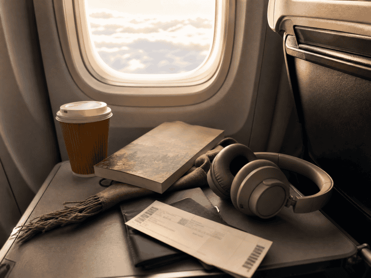 A casual arrangement of travel items on an aircraft tray table: coffee cup, book, headphones, and boarding pass, the window behind showing soft clouds in warm morning light