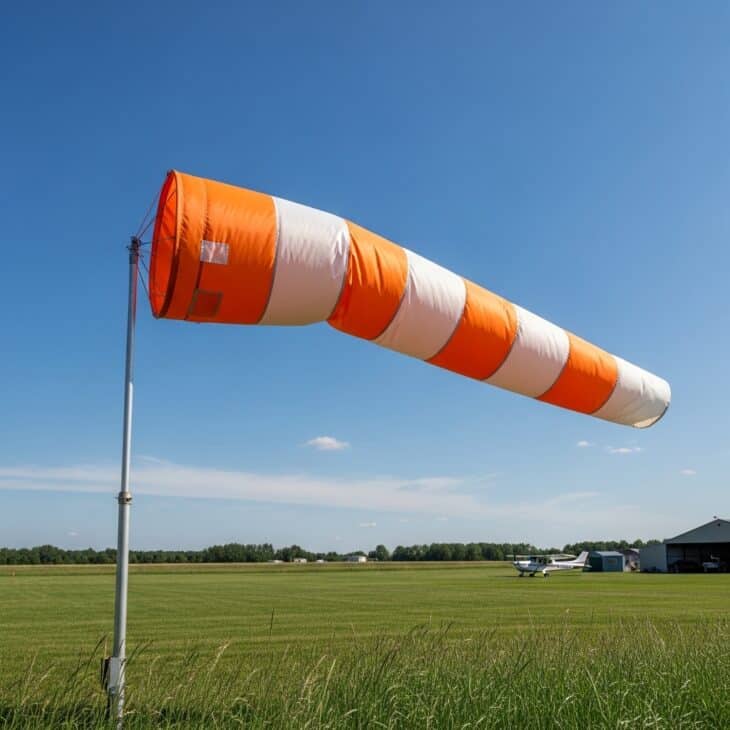 Brightly coloured windsock fully extended on a pole at a small general aviation airfield