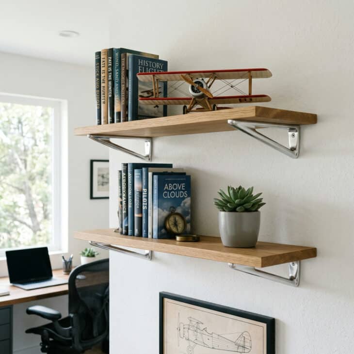 Floating wooden shelves on aluminum wing-shaped brackets holding aviation books and a biplane model on a white wall