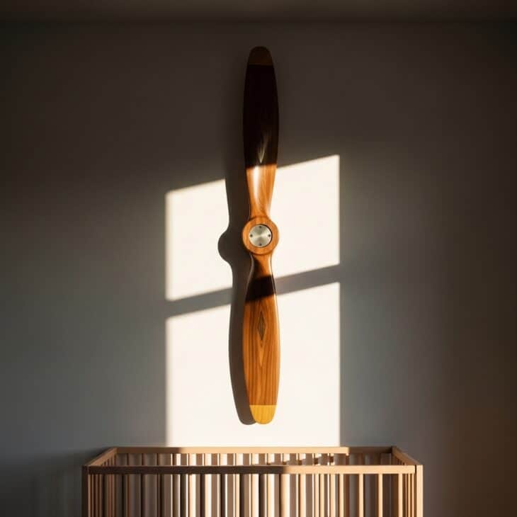 Large walnut-toned wooden propeller mounted vertically above a crib