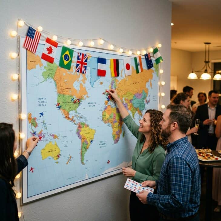 Large world map backdrop at a birthday party with airplane stickers for guests to mark destinations, surrounded by string lights