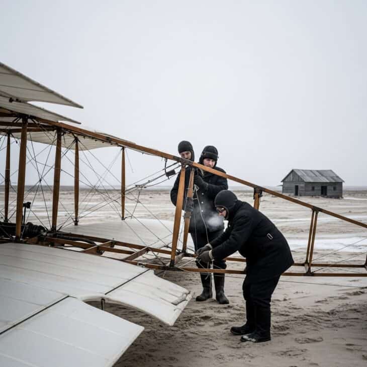 Two figures in early 1900s clothing working on a fragile biplane on a flat sandy field in winter overcast light