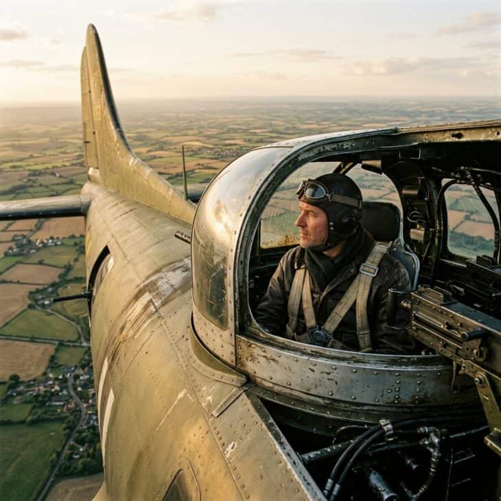 Passenger in a restored WWII bomber looking out at farmland below through a Plexiglas window