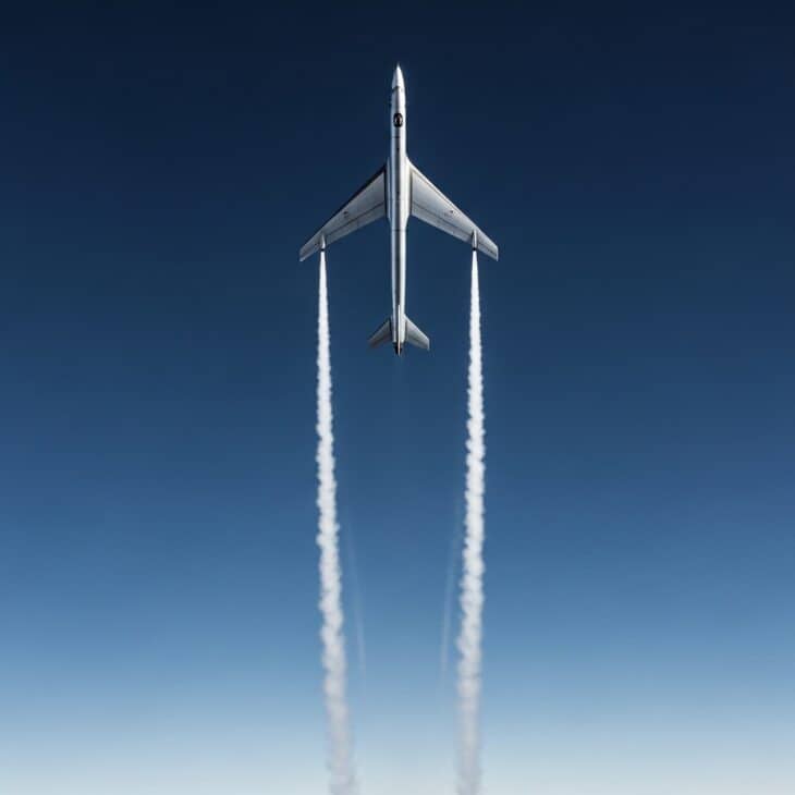 Sleek experimental rocket-powered aircraft climbing vertically through a deep blue high-altitude sky with contrails forming