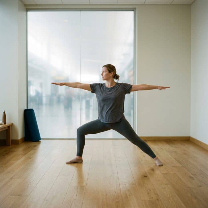 Traveler doing a warrior pose in a quiet airport wellness room with wooden floor and frosted glass windows