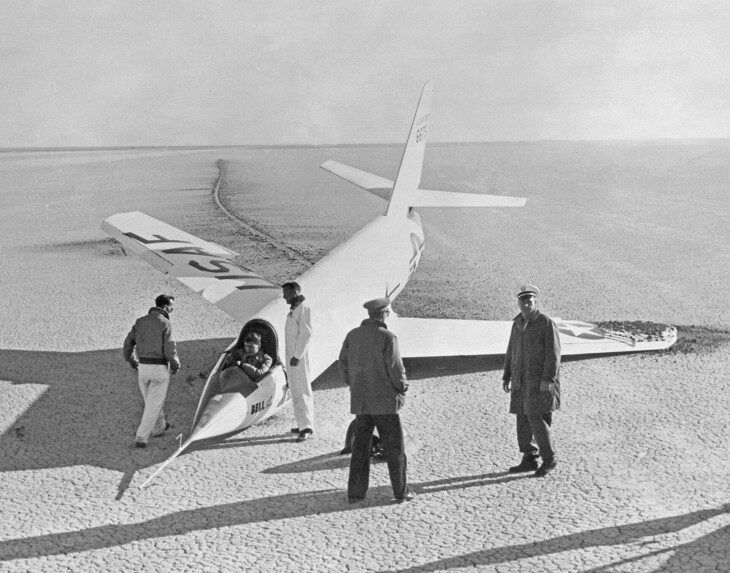 Bell X 2 Starbuster with a collapsed nose landing gear, after landing on the first glide flight at Edwards Air Force Base