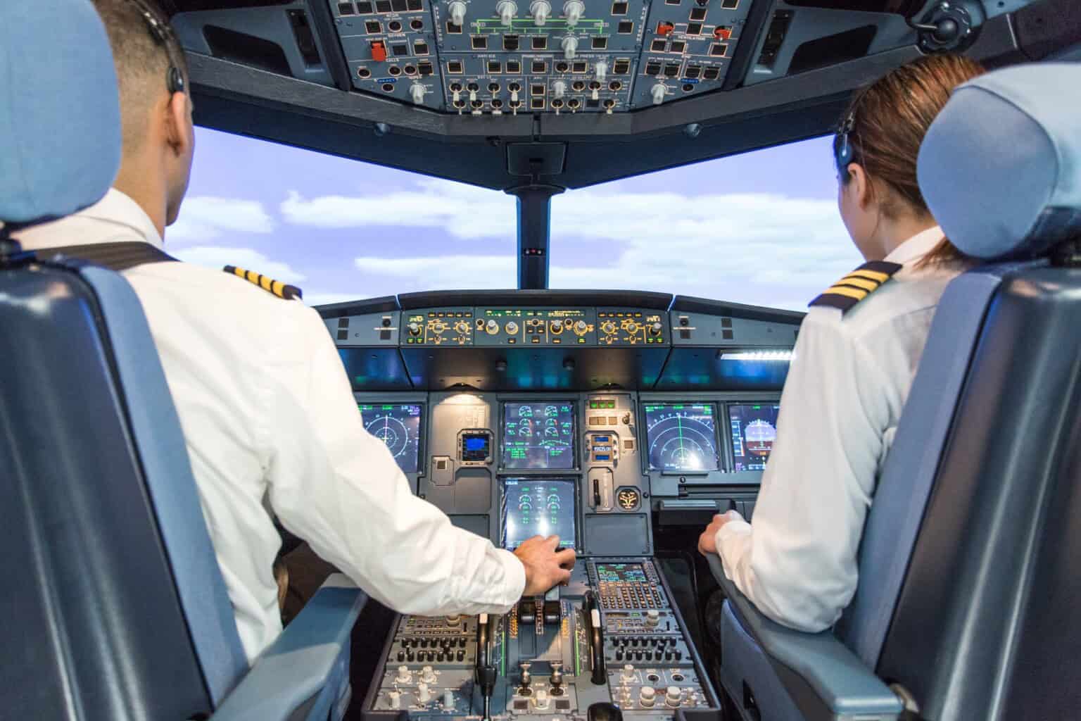 Pilots training in a CAE flight simulator