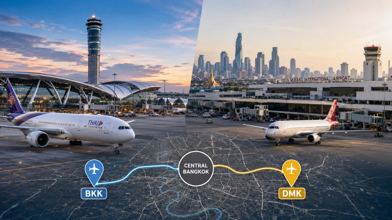 Bangkok Suvarnabhumi (BKK) on the left, Don Mueang (DMK) on the right
