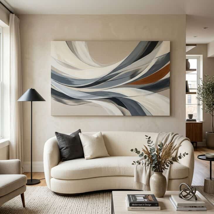 An abstract wing-form canvas brings motion to a room without depicting an airplane literally.