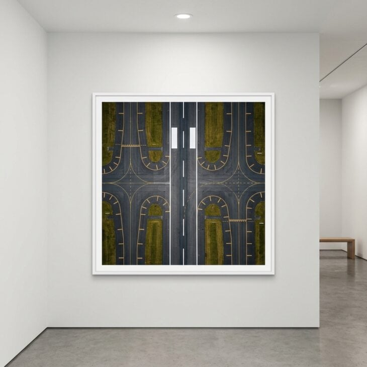 Seen from directly above, runway markings become striking geometric wall art.