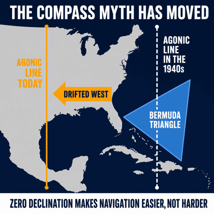 Two panel diagram showing the agonic line once near the Bermuda Triangle and now shifted west into the Gulf of Mexico
