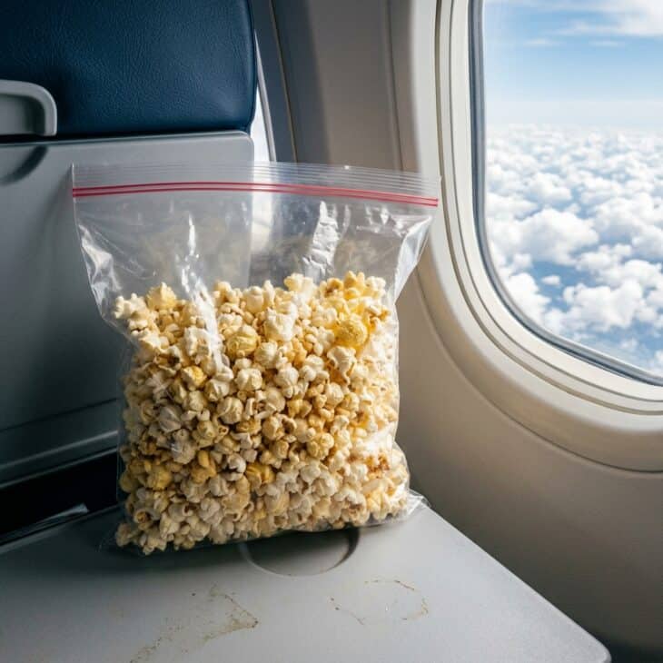A clear bag of air-popped popcorn on an airplane tray table with clouds visible through the window