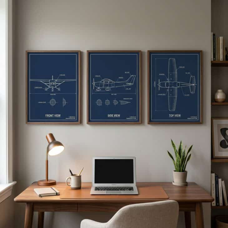 A navy aircraft blueprint triptych gives a home office a precise, tailored focal point.
