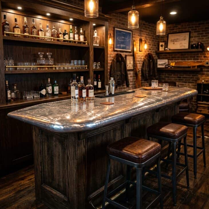 Home bar counter made from a polished aluminum aircraft wing section with leather stools