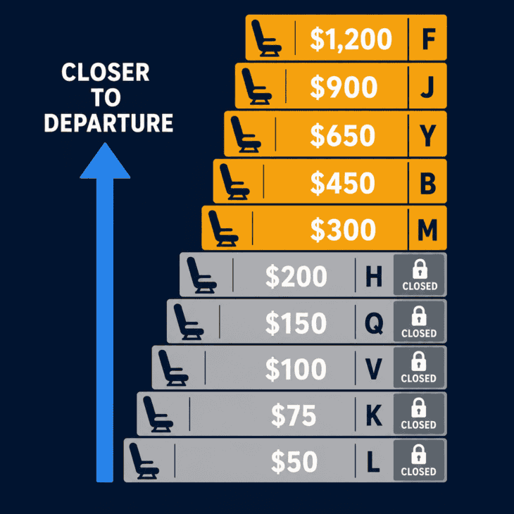 Diagram of an airline fare-class ladder showing one economy cabin sold at rising price rungs, cheaper lower rungs closed and only higher rungs left as departure nears