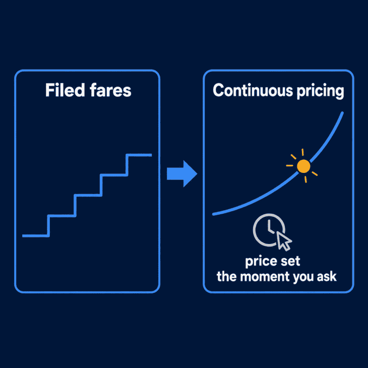 Before-and-after diagram comparing a fixed staircase of filed airfare classes with a smooth continuous-pricing curve where the price is generated at the moment of booking