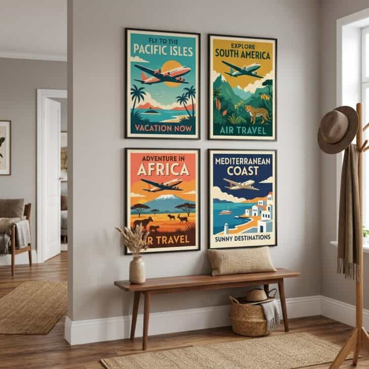A grid of reproduction travel posters turns a bare hallway into a departures board of dreams.