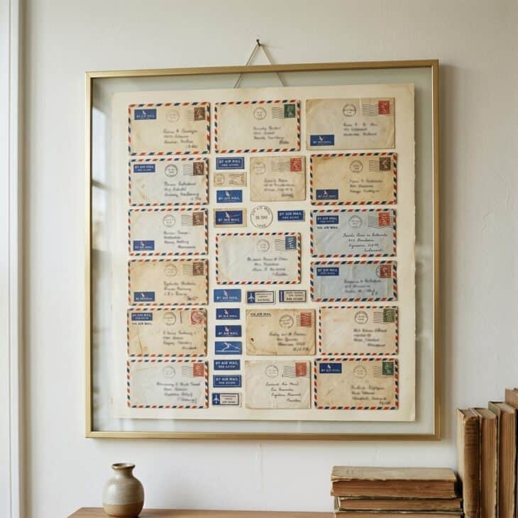 Framed airmail envelopes turn early aviation's paper trail into quiet wall art.