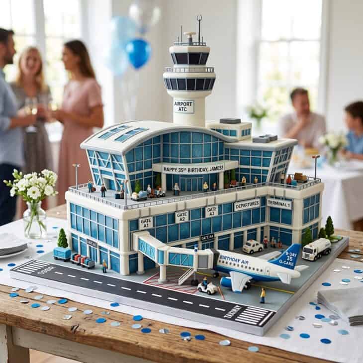 Cake shaped like an airport terminal with a control tower and a plane at a gate
