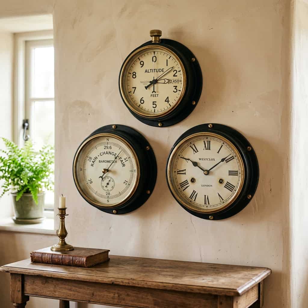 Wall grouping of round vintage-style altimeter barometer and clock with cream faces on a plaster wall