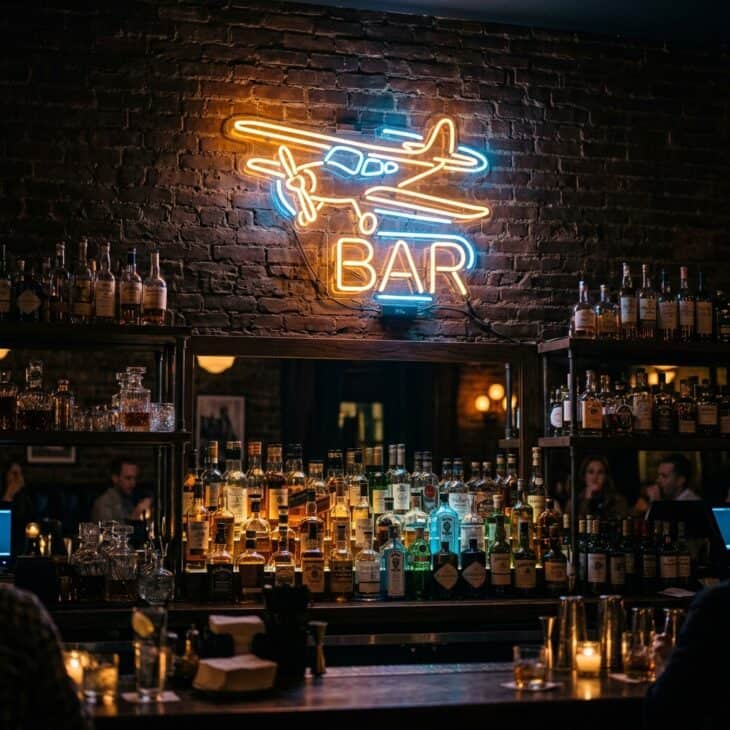 Neon sign shaped like an airplane silhouette glowing above a backbar