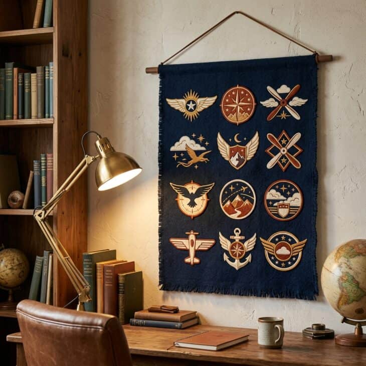 Fictional embroidered patches give a study wall color, texture, and a collected feel.