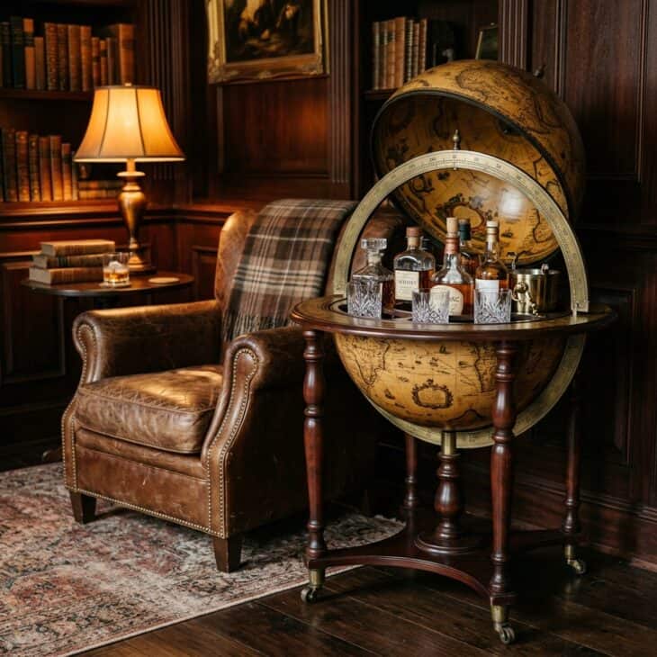 A globe bar pairs old-world cartography with a spot for evening drinks.