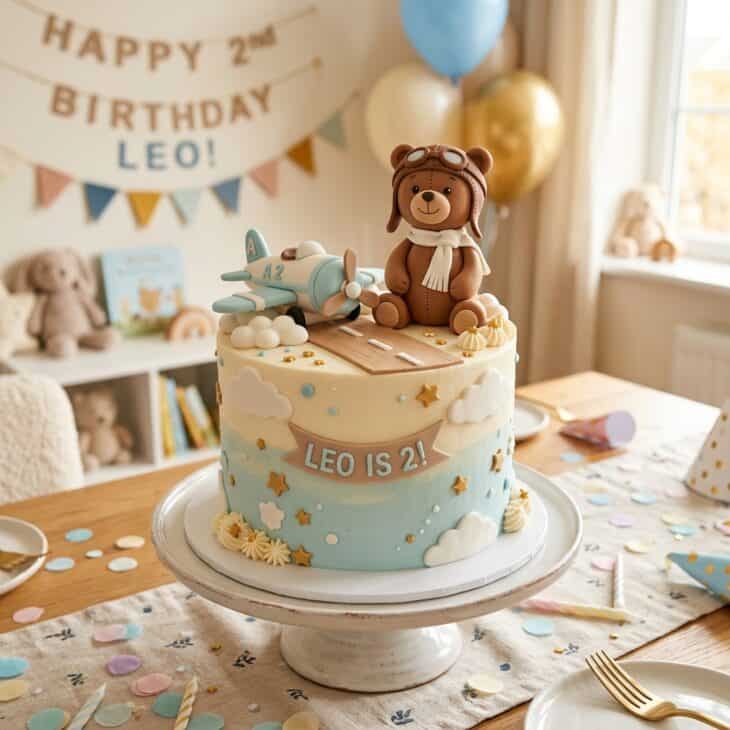 Cake topped with a fondant teddy bear in an aviator cap and scarf beside a small plane