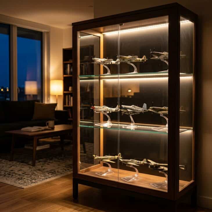 A backlit glass cabinet turns a model collection into a lit-up centerpiece.