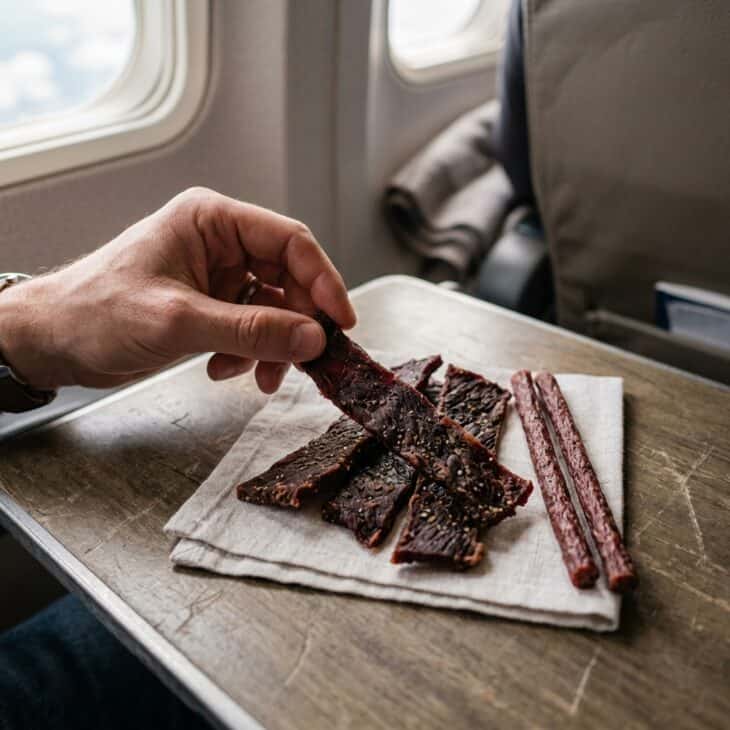 Strips of beef jerky and dried meat sticks on a napkin on an airplane tray table