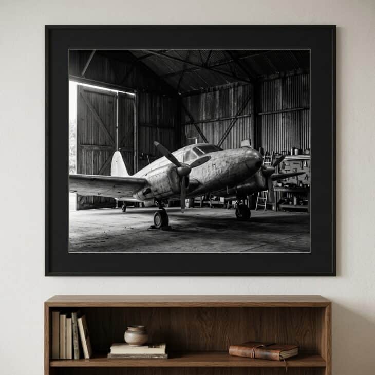 A monochrome hangar photograph adds depth and atmosphere without introducing extra color.
