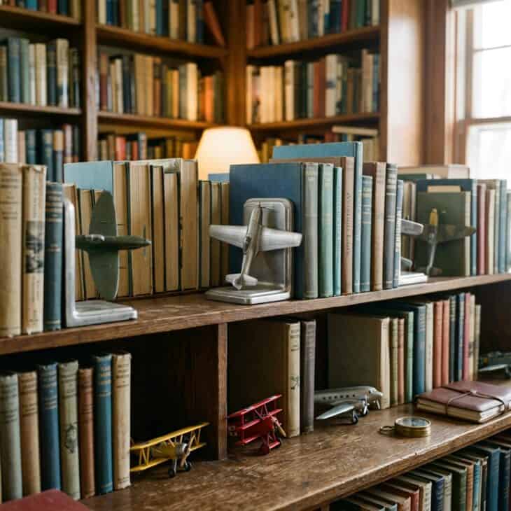 Tucking models among books blends the collection into a room.