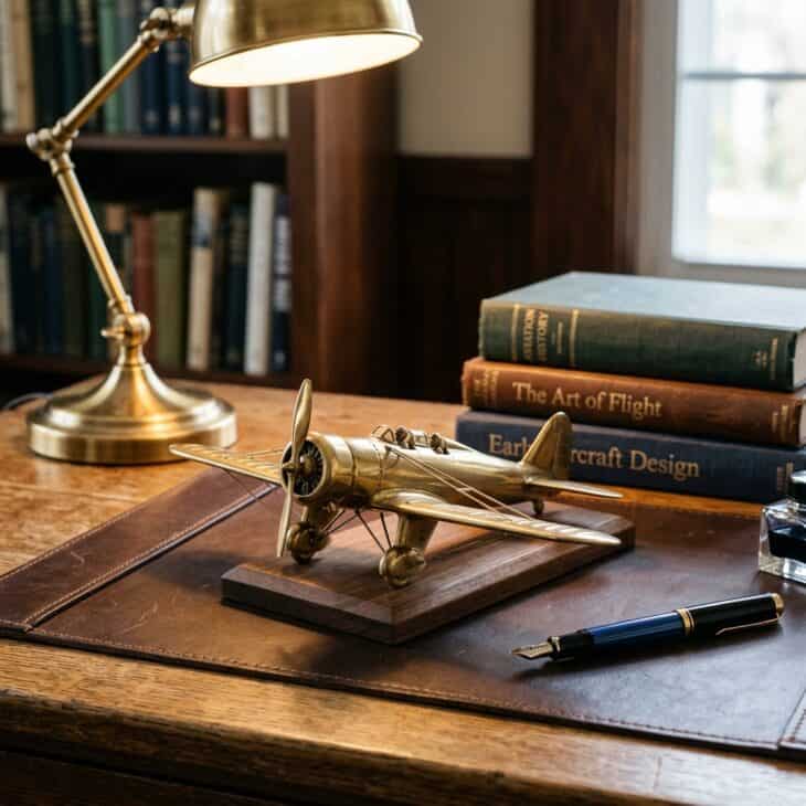 A brass propeller-plane model gives a desk a small dose of golden-age polish.
