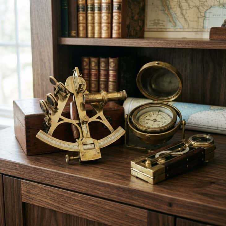 Brass sextants and compasses make a small shelf feel like a captain's cabin.