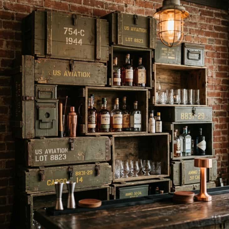 Wall shelving built from stacked weathered military cargo crates holding bottles