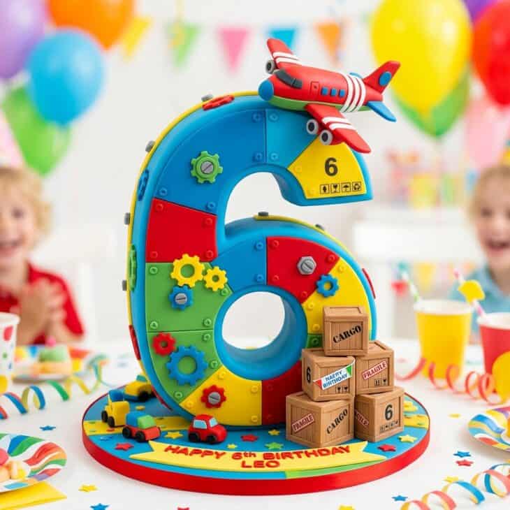 Number-shaped cake topped with a fondant cargo plane and small crates