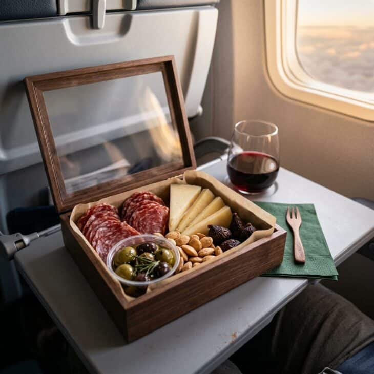 A compact travel charcuterie box with salami, cheese, almonds and figs on an airplane tray table