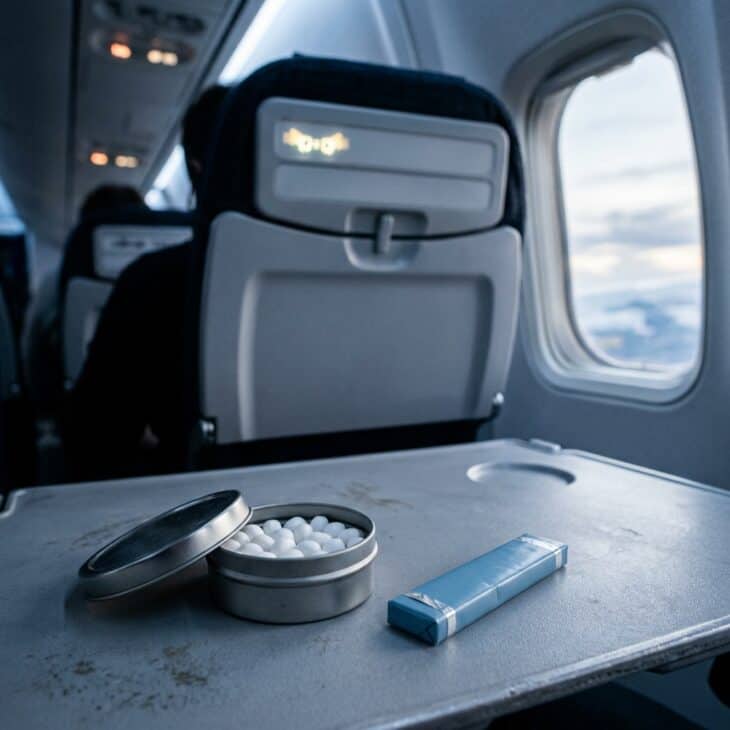 An open tin of mints and a strip of chewing gum on an airplane tray table during descent
