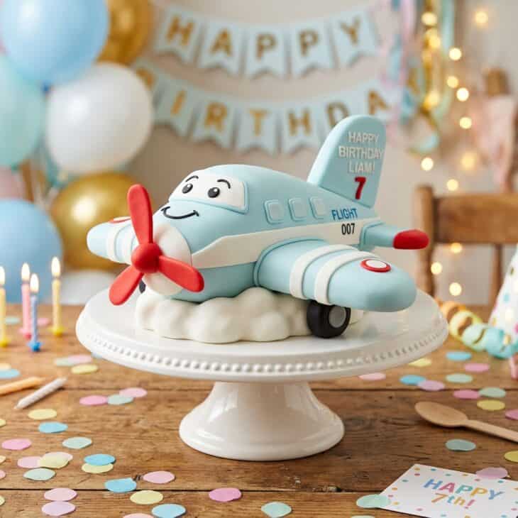Pale blue and white fondant airplane birthday cake with a red propeller on a cake stand