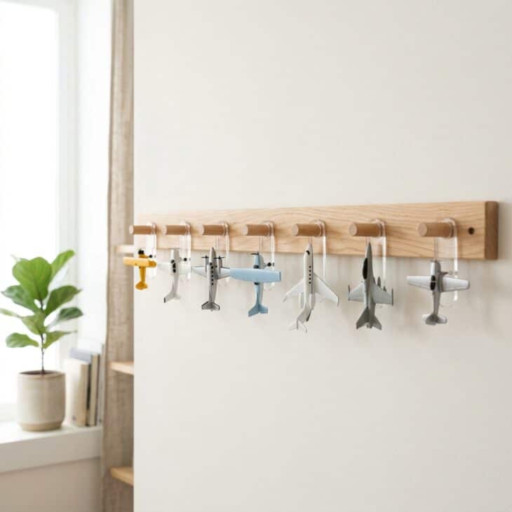 A peg rail of clear cradles lets you rearrange the fleet anytime.