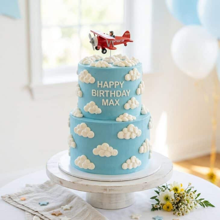 Sky-blue buttercream cake with piped white clouds and a small plane figure on top