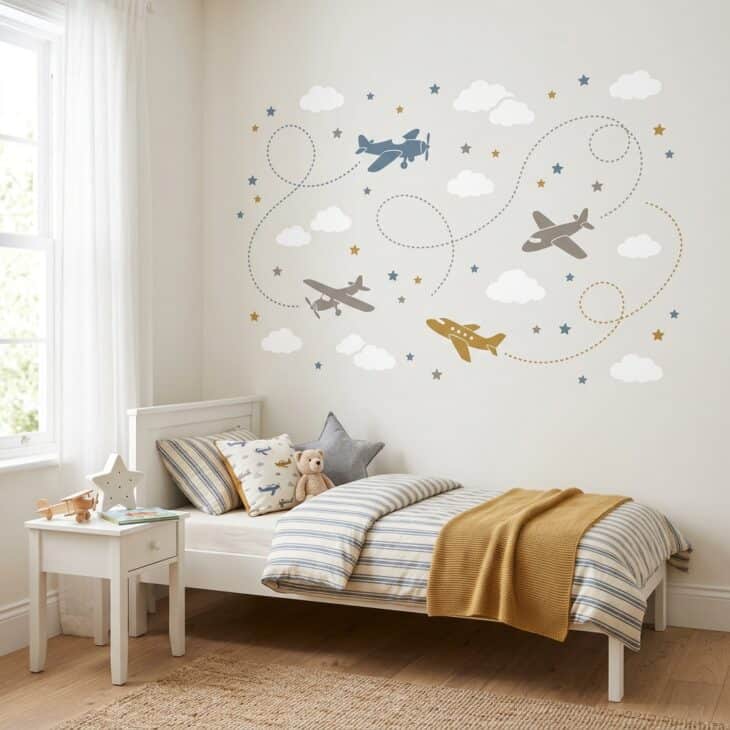 Removable cloud-and-plane decals create a playful aviation wall without permanent paint.
