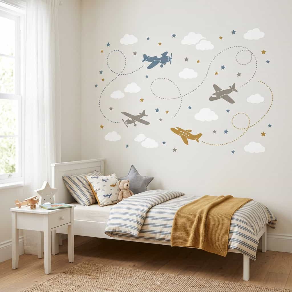 Children's bedroom wall with removable airplane cloud star and dotted flight-path decals