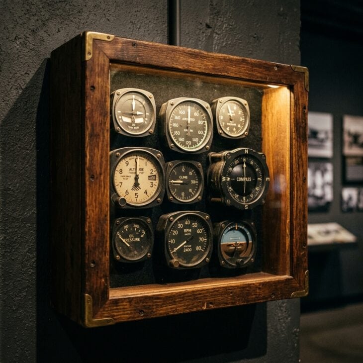 A shadow box frames retired cockpit instruments like the artifacts they are.