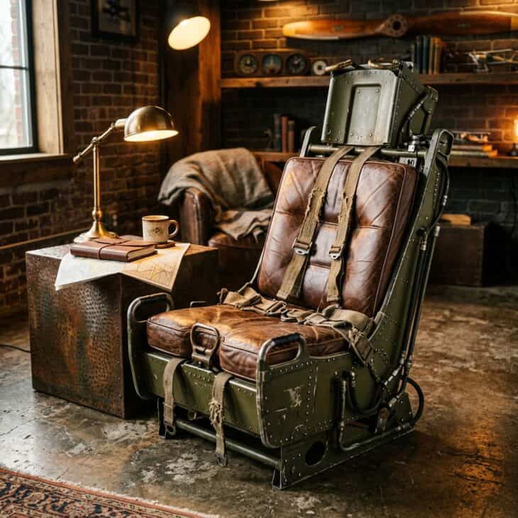 A restored aircraft seat becomes a conversation-starting armchair for a den or man cave.
